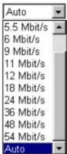 Auto 5.5 Mbit/s 6 Mbit/s 9 Mbit/s 11 Mbit/s 12 Mbit/s 18 Mbit/s 24 Mbit/s 36 Mbit/s 48 Mbit/s 54 Mbit/s Auto
