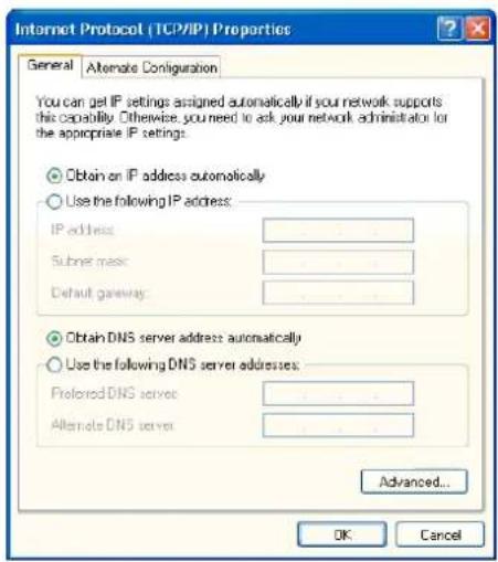 Internet Protocol (TCP/IP) Properties General Alternate Configuration You can get IP settings assigned automatically if your network supports this capability. Otherwise, you need to ask your network administrator for the appropriate IP settings. Obtain on IP address automatically Use the following IP address: IP address Subnet mask Default gateway Obtain DNS server address automatically Use the following DNS server addresses: Preferred DNS server Alternate DNS server Advanced... OK Cancel