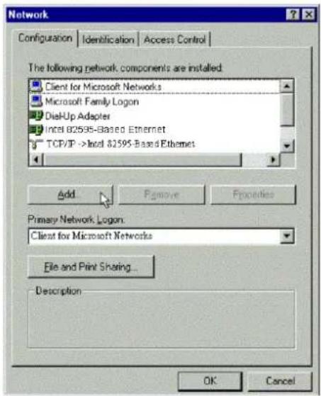 Network Configuration | Identification | Access Control | The following network components are installed: Client for Microsoft Networks Microsoft Family Logon DiasUp Adapter Intel 82595-Based Ethernet TCP/IP ->Intel 82595-Based Ethernet Add Remove Properties Primary Network Logon: Client for Microsoft Networks File and Print Sharing... Description OK Cancel
