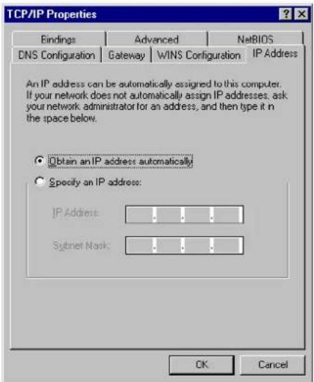 TCP/IP Properties Findings Advanced NetBIOS DNS Configuration Gateway WINS Configuration IP Address An IP address can be automatically assigned to this computer. If your network does not automatically assign IP addresses, ask your network administrator for an address, and then type it in the space below. Obtain an IP address automatically Specify an IP address: IP Address: . Sinet Mask: . OK Cancel