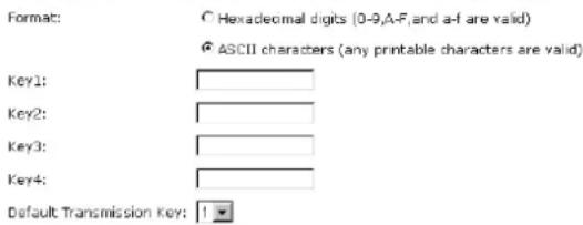 Format: Hexadecimal digits (0-9,A-F,and a-f are valid) ASCII characters (any printable characters are valid) Key1: Key2: Key3: Key4: Default Transmission Key: 1