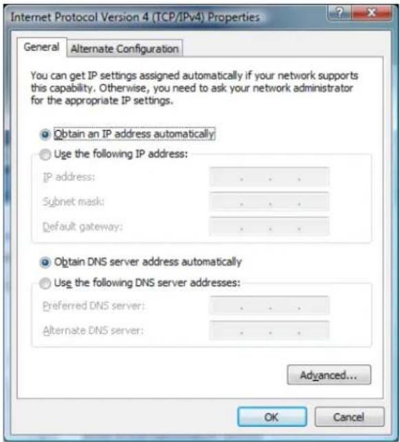Internet Protocol Version 4 (TCP/IPv4) Properties General Alternate Configuration You can get IP settings assigned automatically if your network supports this capability. Otherwise, you need to ask your network administrator for the appropriate IP settings. Obtain an IP address automatically Use the following IP address: IP address: . Subnet mask: . Default gateway: . Obtain DNS server address automatically Use the following DNS server addresses: Preferred DNS server: . Alternate DNS server: . Advanced... OK Cancel