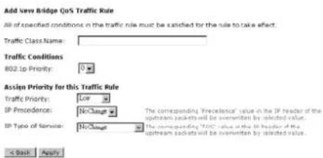 Add New Bridge QoS Traffic Rule All of specified conditions in the traffic rule must be satisfied by the rule to take effect. Traffic Class Name: Traffic Conditions 802.1p Priority: Assign Priority for this Traffic Rule Traffic Priority: Low IP Precedence: No Change IP Type of Service: Change The corresponding 'Precedence' value in the IP header of the upstream packets will be overwritten by selected value. The corresponding 'TDC' value in the IP header of the upstream packets will be overwritten by selected value. < Back Apply>
