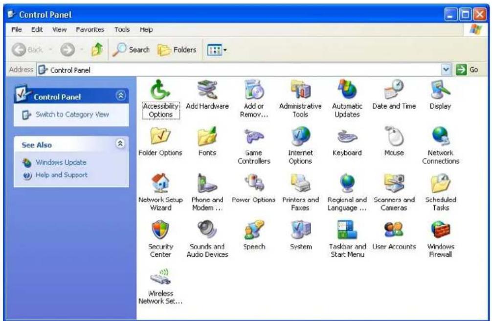Control Panel File Edit View Favorites Tools Help Back Search Folders Address Control Panel Go Control Panel Switch to Category View See Also Windows Update Help and Support Accessibility Options Add Hardware Add or Remov... Administrative Tools Automatic Updates Date and Time Display Folder Options Fonts Game Controllers Internet Options Keyboard Mouse Network Connections Network Setup Wizard Phone and Modem ... Power Options Printers and Faxes Regional and Language ... Scanners and Cameras Scheduled Tasks Security Center Sounds and Audio Devices Speech System Taskbar and Start Menu User Accounts Windows Firewall Wireless Network Set...