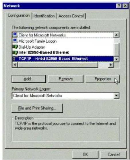 Network Configuration | Identification | Access Control | The following network components are installed: Client for Microsoft Networks Microsoft Family Logon Dial-Up Adapter Intel 82595-Based Ethernet TCP/IP ->Intel 82595-Based Ethernet Add Remove Properties Primary Network Logon: Client for Microsoft Networks File and Print Sharing... Description: TCP/IP is the protocol you use to connect to the Internet and wide-area networks. OK Cancel
