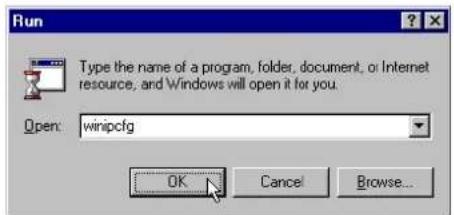 Run Type the name of a program, folder, document, or Internet resource, and Windows will open it for you. Open: winipcfg OK Cancel Browse...