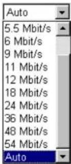 Auto 5.5 Mbit/s 6 Mbit/s 9 Mbit/s 11 Mbit/s 12 Mbit/s 18 Mbit/s 24 Mbit/s 36 Mbit/s 48 Mbit/s 54 Mbit/s Auto