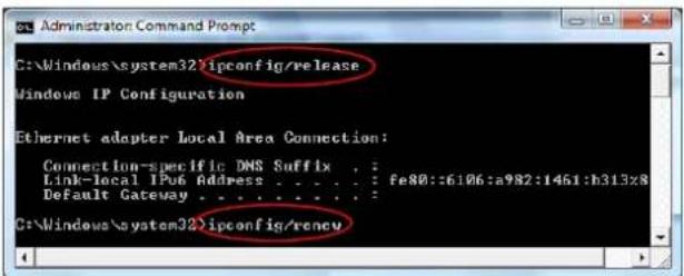 C:\Windows\system32\ipconfig/release Windows IP Configuration Ethernet adapter Local Area Connection: Connection-specific DNS Suffix . : Link-local IPv6 Address . . . . . : fe80::6106:a982:1461:b313x8 Default Gateway . . . . . . . . . : C:\Windows\system32\ipconfig/renew