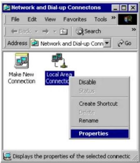 Network and Dial-up Connectors File Edit View Favorites Tools Back Search Address Network and Dial-up Conn Go Make New Connection Local Area Connectio Disable Status Create Shortcut Delete Rename Properties Displays the properties of the selected connectic