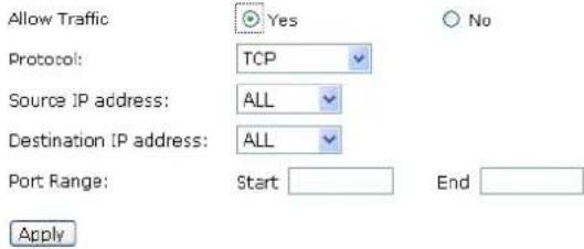 Allow Traffic Protocol: TCP Source IP address: ALL Destination IP address: ALL Port Range: Start End Apply