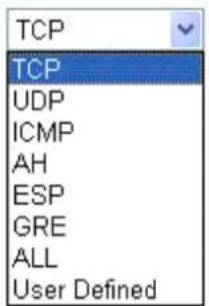 TCP TCP UDP ICMP AH ESP GRE ALL User Defined