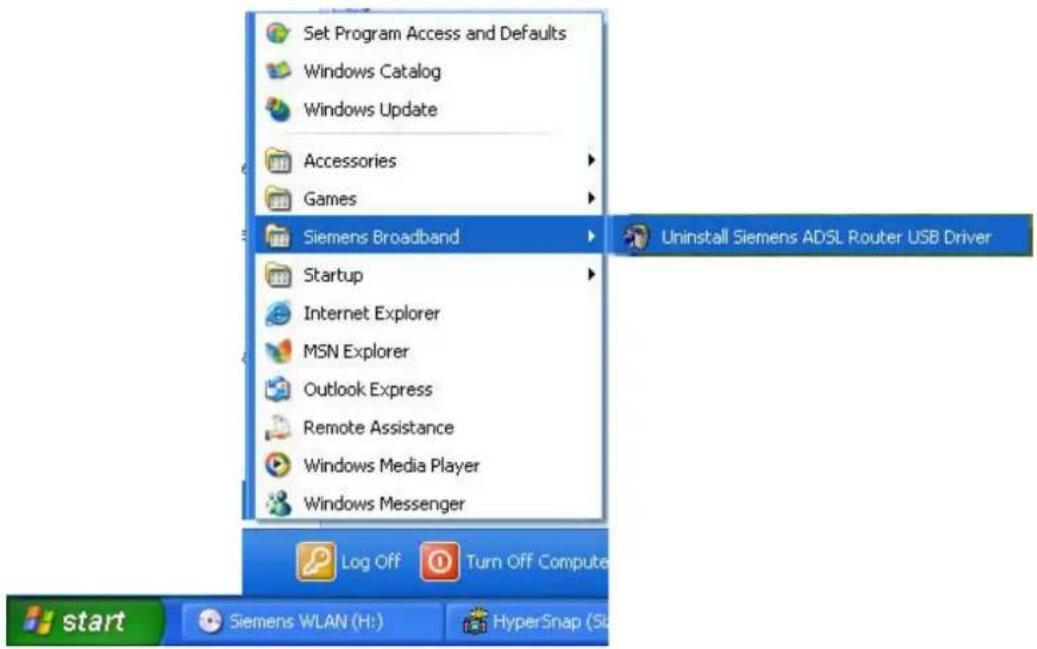 Set Program Access and Defaults Windows Catalog Windows Update Accessories Games Siemens Broadband Uninstall Siemens ADSL Router USB Driver Startup Internet Explorer MSN Explorer Outlook Express Remote Assistance Windows Media Player Windows Messenger Log Off Turn Off Compute start Siemens WLAN (H:) HyperSnap (S