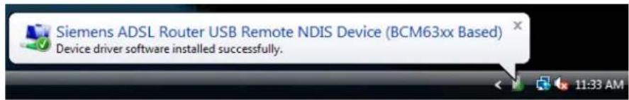 Siemens ADSL Router USB Remote NDIS Device (BCM63xx Based) Device driver software installed successfully.