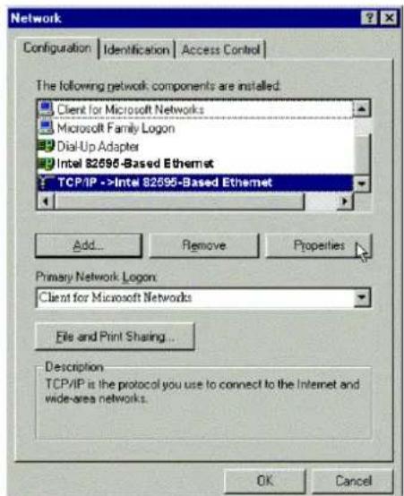 Network Configuration | Identification | Access Control | The following network components are installed: Client for Microsoft Networks Microsoft Family Logon Dial-Up Adapter Intel 82595-Based Ethernet TCP/IP ->Intel 82595-Based Ethernet Add... Remove Properties Primary Network Logon: Client for Microsoft Networks File and Print Sharing... Description TCP/IP is the protocol you use to connect to the Internet and wide-area networks. OK Cancel