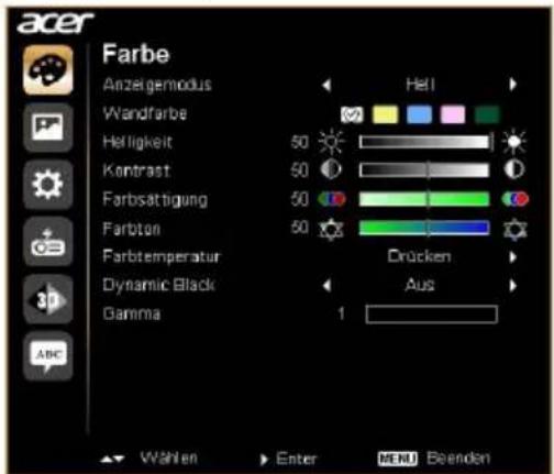 acer Farbe Anzeigemodus Wandfarbe Helligkeit 50 Kontrast 50 Farbsattigung 50 Farbon 50 Farbtemperatur Dynamic Black Gamma 1 Heli Drücken Aus Wahlen Enter MENU Beenden