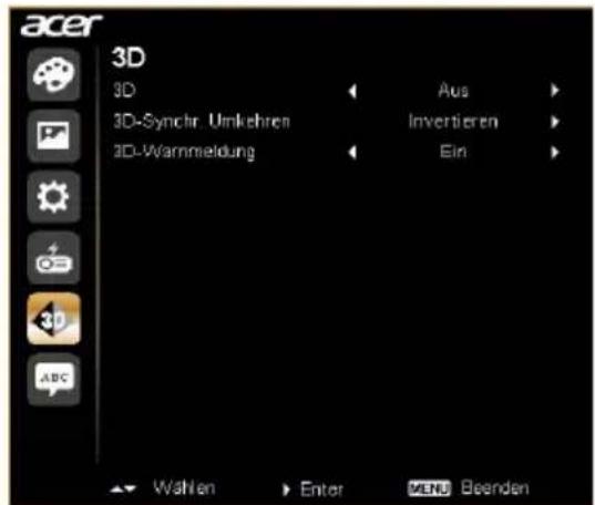 acer 3D 3D 3D-Synchr. Umkehren 3D-Warmmeldung Aus Invertieren Ein Wählen Enter MENU Beenden