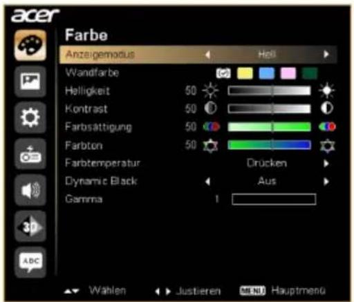acer Farbe Anzeigemodus Heli Wandfarbe Helligkeit 50 Kontrast 50 Farbstättigung 50 Farbton 50 Farbtemperatur Dynamic Black Gamma 1 Drücken Aus Wahlen Justieren MENU Hauptmenü