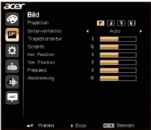 Bild Projection Seitenverhältnis Trapezkorrektur Scharfe Har. Position Ver. Position Frequenz Abstimmung Auto Wahlen Enter MFN Boenden