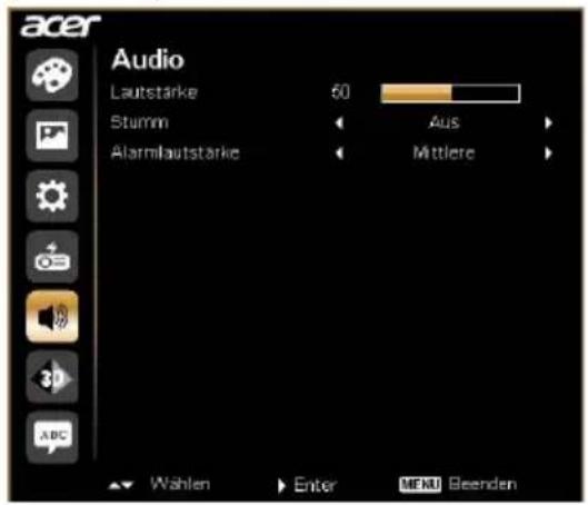 acer Audio Lautstärke 60 Stumm Alarmilautstärke Aus Mittlere Wahlen Enter MENU Beenden