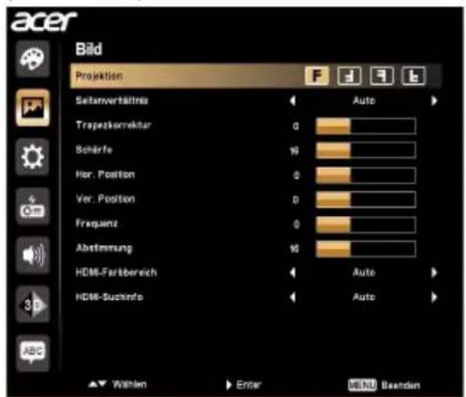 acer Bild Projection Settleverbildness Trapezoelectric Schärfe Hor. Position Ver. Position Frequenz Abstimmung HDMI-Fariberech HDMI-Suzinfo Auto Auto Auto Auto Wahlen Enter WNI Beandion