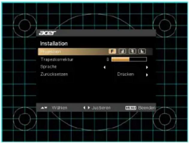 acer Installation Projection Trapezkorrektur 0 Sprache Zurücksetzen Drücken Wählen Justieren MENU Beenden