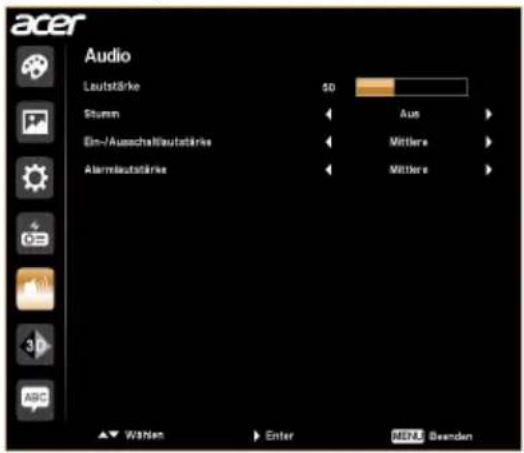 acer Audio Laufstärke 50 Stamm Aus Ein-/Ausschaff/autstärke Mittlere Alarm/autstärke Mittlere Wählen Enter MEN Deenden