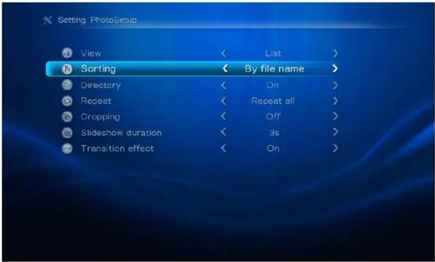 Setting PhotoSetup View < List > Sorting < By file name > Directory < On > Repeat < Repeat all > Cropping < Off > Slideshow duration < 3s > Transition effect < On >