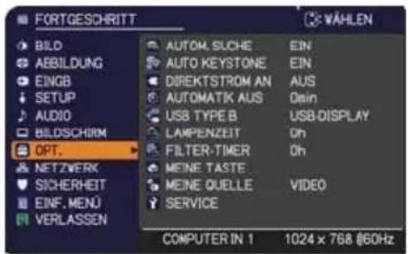 FORTGESCHRITT BAILO AEBILDUNG EINGB SETUP AUDIO BILDSCHIRM OPT... NETZWERK SICHERHEIT EINF. MENU VERLASSEN AUTOM.SUCHE AUTO KEYSTONE DIREKTSTROM AN AUTOMATIK AUS USB TYPE B LAMPENZEIT FILTER-TIMER MEINE TASTE MEINE QUELLE SERVICE EIN EIN AUS 0min USB DISPLAY Oh Oh VIDEO COMPUTER IN 1 1024 x 768 @60Hz