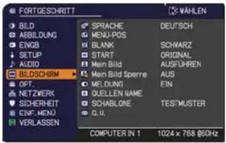 FORTGESCHRITT BILD ABBILDUNG EINGB SETUP AUDIO BILDSICIRM OPT. NETZWERK SICHERHEIT EINF. MENU VERLASSEN SPRACHE MENU-POS BLANK START Mein Bild Main Bild Sperre MELDUNG QUELLEN NAME SCHABLONE G.U. DEUTSCH SCHWARZ ORIGINAL AUSFÜHREN AUS FIN TESTMUSTER COMPUTER IN 1 1024 x 768 @60Hz