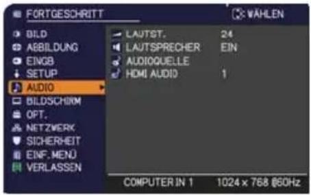 FORTGESCHRITT BILD ABBILDUNG EINGB SETUP AUDIO BILDSICIRM OPT. NETZWERK SICHERHEIT EINF.MENÜ VERLASSEN LAUTST. 24 LAUTSPRECHER EIN AUDIOQUELLE HDMI AUDIO 1 COMPUTER IN 1 1024 x 768 @60Hz