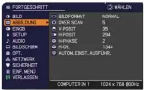 FORTGESCHRITT BAILD ABBILDUNG EINGB SETUP AUDIO BILDSCHIRM OPT. NETZWERK SICHERHEIT EINF. MENU VERLASSEN BILDFORMAT NORMAL OVER SCAN 5 V-POSIT 35 H-POSIT 294 H-PHASE 2 H-GR. 1344 AUTOM. EINST. AUSFUHR. COMPUTER IN 1 1024 x 768 @60Hz