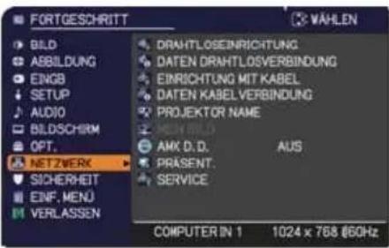 FORTGESCHRITT BILD ABBILDUNG EINGB SETUP AUDIO BILDSCHIRM OPT. NETZWERK SICHERHEIT EINF, MENU VERLASSEN DRAHTLOSEINRICHTUNG DATEN DRAHTLOSVERBINDUNG EINRICHTUNG MIT KABEL DATEN KABEL VERBINDUNG PROJEKTOR NAME MICH BILD AMX D.D. AUS PRASENT. SERVICE COMPUTER IN 1 1024 x 768 @60Hz