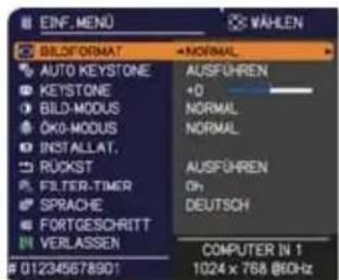 EINF. MENU WÄHLEN BILOFORMAT AUTO KEYSTONE KEystone BILD-MODUS ÖKO-MODUS INSTALLAT, RÜCKST FILTER-TIMER SPRACHE FORTGESCHITT VERLASSEN 012345678901 NORMAL AUSFÜHREN +0 NORMAL NORMAL AUSFÜHREN Oh DEUTSCH COMPUTER IN 1 1024 x 768 @60Hz