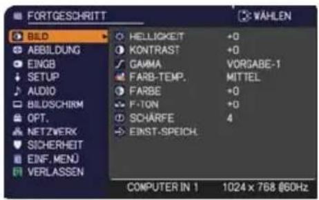 FORTGESCHRITT BAID AEBILDUNG EINGB SETUP AUDIO BILDSCHIRM OPT. NETZWERK SICHERHEIT EINF. MENU VERLASSEN HELLIGKEIT KONTRAST GAMMA FARB-TEMP. FARBE F-TION SCHARFE EINST-SPEICH. +0 +0 VORGABE-1 MITTEL +0 +0 4 COMPUTER IN 1 1024 x 768 @60Hz