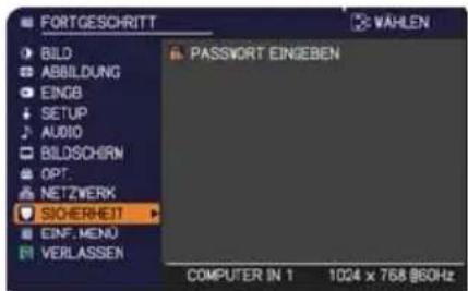 FORTGESCHRITT BAID BILD ABBILDUNG EINGB SETUP AUDIO BILDSCHERN OPT. NETZWERK SIOHERHEIT EINF. MENU VERLASSEN PASSVORT EINDEBEN COMPUTER IN 1 1024 x 768 @60Hz