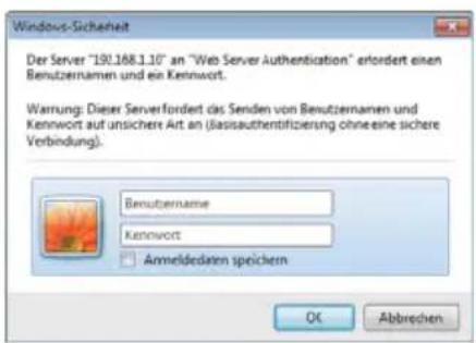 Windows-Sicherheit Der Server "190.168.1.10" an "Web Server Authentication" erfordert einen Benutzernamen und ein Kennwort. Warrung: Dieser Serverfordert das Senden von Benutzernamen und Kennwort auf unsichere Art an (basisauthentifizierung ohne eine sichere Verbindung). Benutzername Kennwort Anmeldedaten speichern OK Abbrechen