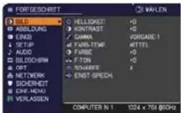 FORTGESCHRIT BILD ABBLÜDING EINDB SETUP AUDIO BILDSCHRM OPT. NETZWERK SICHERHEIT CINF. MENU VERLASSEN HELLICKET +0 KONTRAST +0 CAMMA VORGABLE-1 FAIRI-TIME WETTEL PARBE +0 F-TON +0 SICHARGE 4 ENST-SPEECH. COMPUTER N 1 1324 x 768 @CHU