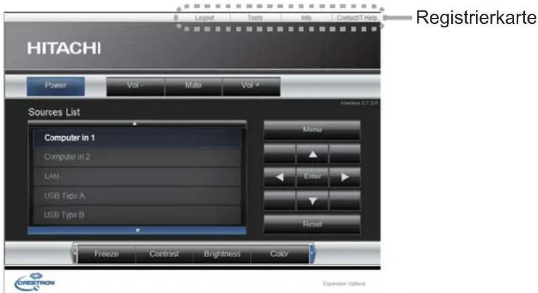 HITACHI Power Vol - Mate Vol + Sources List Computer in 1 Computer in 2 LAN USB Type A USB Type B Menu Enter Reset Freeze Contrast Brightness Color Registrierkarte CRESTRON Expense Options