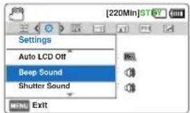 [220Min]STAY Settings Auto LCD Off Beep Sound Shutter Sound MENU Exit