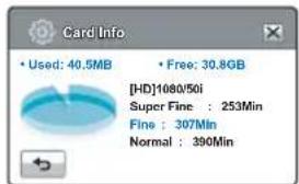 Card Info • Used: 40.5MB • Free: 30.8GB [HD]1080/50i Super Fine : 253Min Fine : 307Min Normal : 390Min