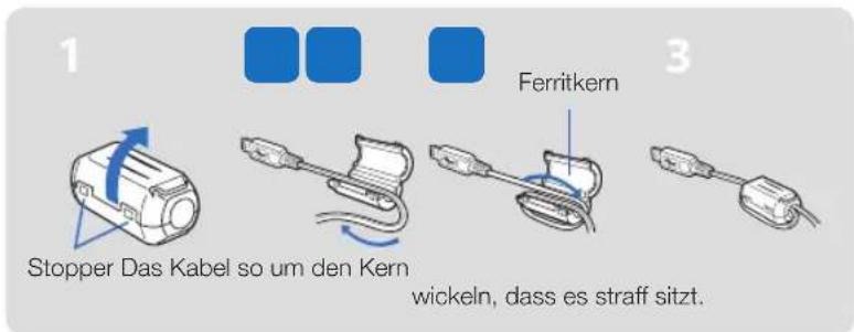 1 Stopper Das Kabel so um den Kern Ferritkern 3 wickeln, dass es straff sitzt.