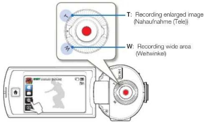 T: Recording enlarged image (Nahaufnahme (Tele)) W: Recording wide area (Weitwinkel)