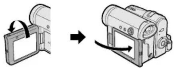 Diagram showing a digital camera being opened and returned, with no text or symbols present.