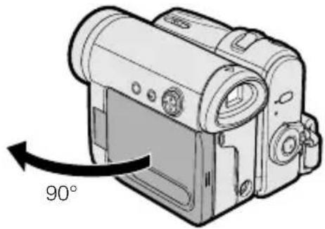 Illustration of a digital camera with a 90-degree rotation arrow (no text or symbols on the device itself)