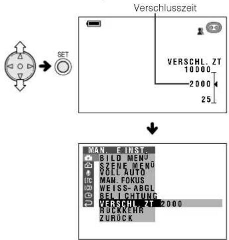 Verschlusszeit VERSCHL. ZT 10000 2000 25 SET MAN. E INST. BILD MENU SZENE MENU VOLL AUTO IC MAN. FOKUS ICD WEISS-ABGL BEL I CHTUNG VERSCHL ZT 2000 BUCKKEHR ZURÜCK