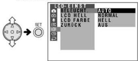 LCD-EINST BELEUCHT. LCD HELL LCD FARBE ZURÜCK AUTO NORMAL HELL AUS