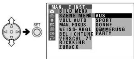 MAN. E INST. BILD MENU SZENE MENU VOLL AUTO MAN. FOKUS WEISS-ABGL BEL I CHTUNG VERSCHL ZT RÜCKKEHR ZURÜCK AUS SPORT SONNE DÄMMERUNG PARTY
