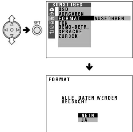 SONST IGES OSD VORGABEN ETC FORMAT AUSFÜHREN LCD TON DEMO-BETR. SPRACHE ZURÜCK FORMAT ALLE. DATEN WERDEN GELÖSCHT NEIN JA