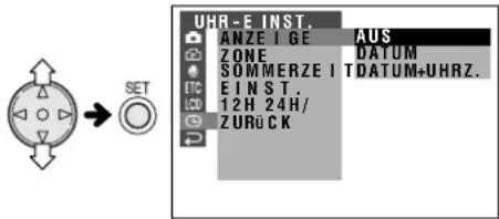UHR-E INST. ANZE I GE AUS ZONE DATUM SÖMMERZE I TDATUM+UHRZ. EINST. 12H 24H/ ZURÜCK