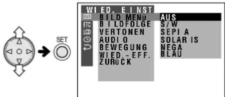 WIED. EINST BILD MENU B I LDFOLGE VERTONEN AUDIO BEWEGUNG WIED.-EFF. ZURÜCK AUS S/W SEPI A SOLAR IS NEGA BLAU